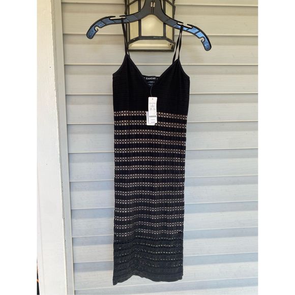 Bebe NWT Open Stitch Stripe Dress- Bodycon Black/Nude, Size Small, MSRP $69 - Picture 1 of 9